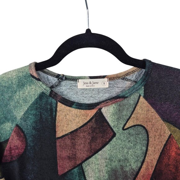 Jess & Jane Top Womens S Green Blouse 3/4 Sleeve French Brushed Knit Art To Wear - Picture 4 of 8